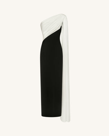 Maxi abito monospalla drappeggiato - Bianco e nero