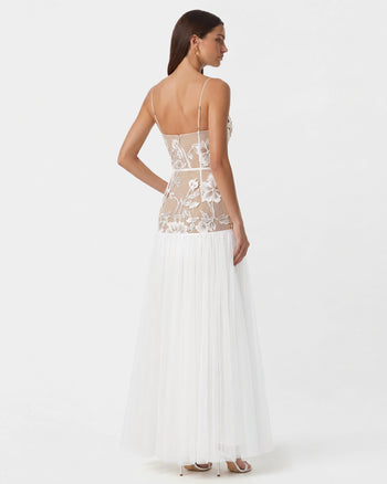 Abito lungo in tulle trasparente con applicazioni floreali - Bianco