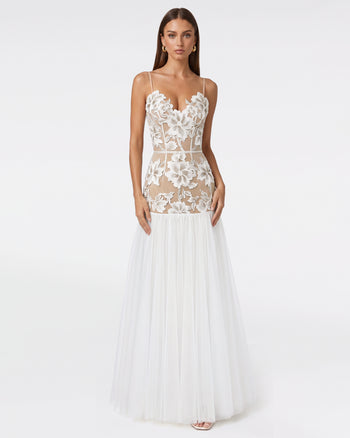 Abito lungo in tulle trasparente con applicazioni floreali - Bianco