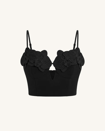 Top bustier a corsetto con applicazioni e ricami di orchidee - Nero