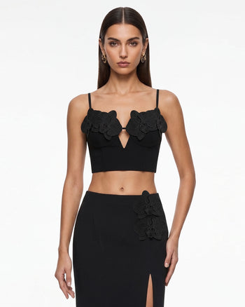 Top bustier a corsetto con applicazioni e ricami di orchidee - Nero