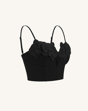Top bustier a corsetto con applicazioni e ricami di orchidee - Nero