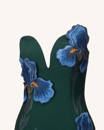 Abito lungo senza spalline con scollo a intaglio ricamato Iris - Verde smeraldo