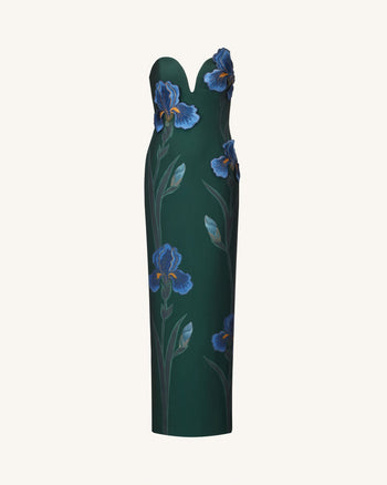 Abito lungo senza spalline con scollo a intaglio ricamato Iris - Verde smeraldo