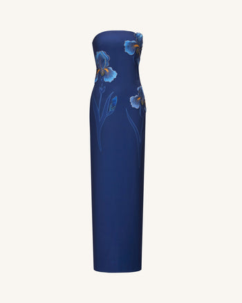 Abito lungo senza spalline ricamato Iris - Blu navy