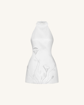 Minidress con fiori 3D allacciato al collo - Bianco