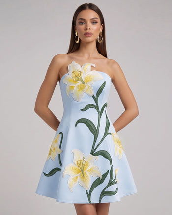 Mini abito a trapezio senza spalline a stampa floreale Lily - Celeste