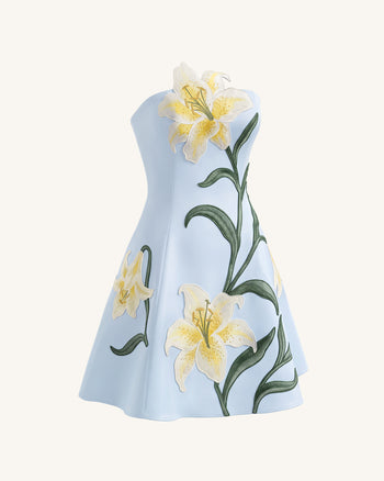 Mini abito a trapezio senza spalline a stampa floreale Lily - Celeste