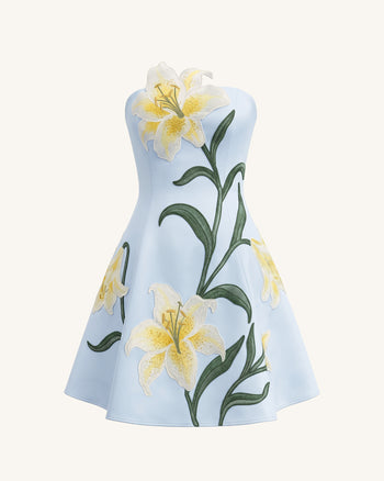 Mini abito a trapezio senza spalline a stampa floreale Lily - Celeste