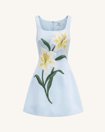 Mini abito a trapezio senza maniche a stampa floreale Lily - Celeste