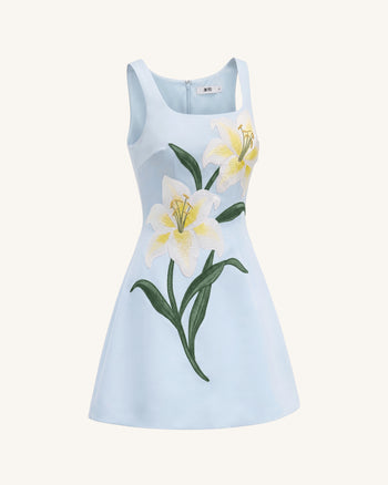 Mini abito a trapezio senza maniche a stampa floreale Lily - Celeste