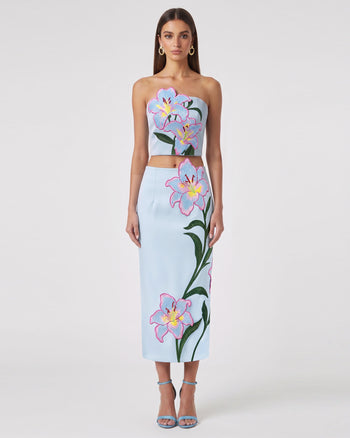 Top a corsetto senza spalline ricamato a fiori Lily - Celeste