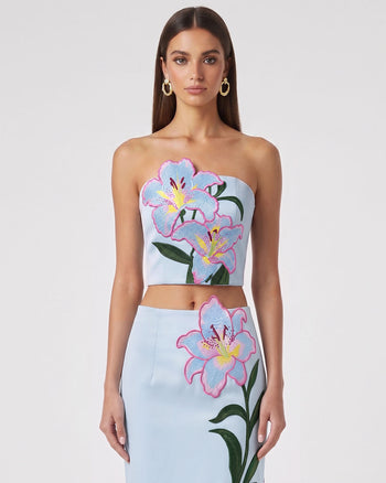 Top a corsetto senza spalline ricamato a fiori Lily - Celeste