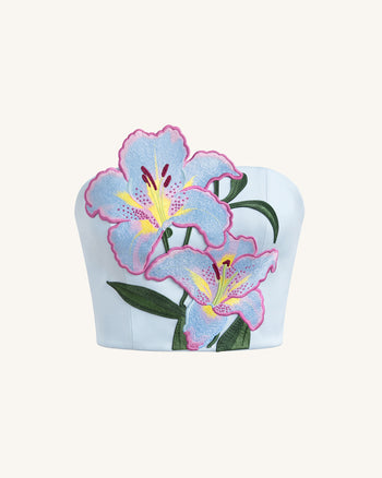Top a corsetto senza spalline ricamato a fiori Lily - Celeste