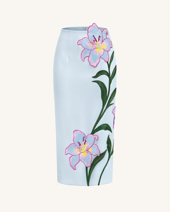 Gonna longuette a tubino a vita alta ricamata a fiori Lily - Celeste