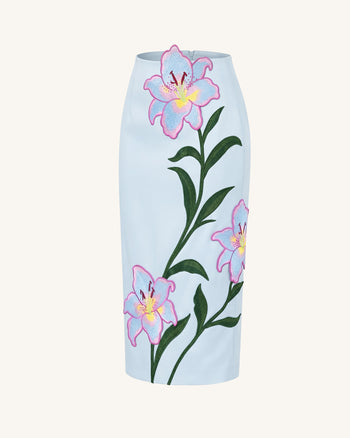 Gonna longuette a tubino a vita alta ricamata a fiori Lily - Celeste