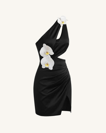 Mini abito cut-out decorato con orchidee - Nero