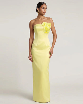 Abito lungo senza spalline decorato con orchidee - Giallo