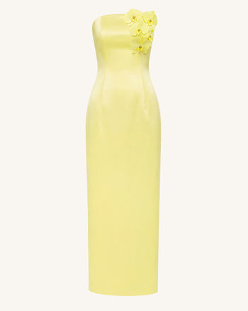 Abito lungo senza spalline decorato con orchidee - Giallo