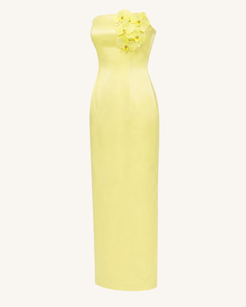Abito lungo senza spalline decorato con orchidee - Giallo