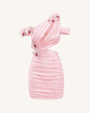 Mini abito arricciato cut-out con ricamo di orchidea - Rosa cipria