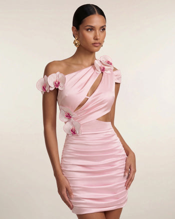 Mini abito arricciato cut-out con ricamo di orchidea - Rosa cipria