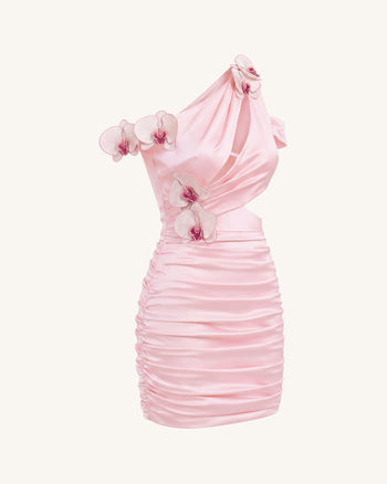 Mini abito arricciato cut-out con ricamo di orchidea - Rosa cipria
