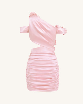 Mini abito arricciato cut-out con ricamo di orchidea - Rosa cipria