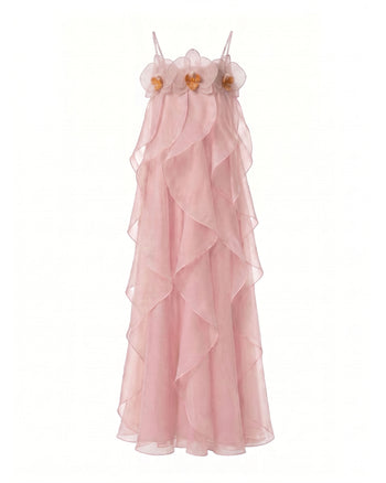 Abito maxi in organza ricamata con orchidee - Rosa cipria Pink