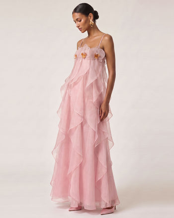 Abito maxi in organza ricamata con orchidee - Rosa cipria Pink