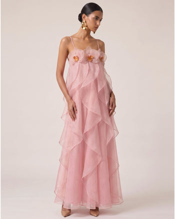 Abito maxi in organza ricamata con orchidee - Rosa cipria Pink