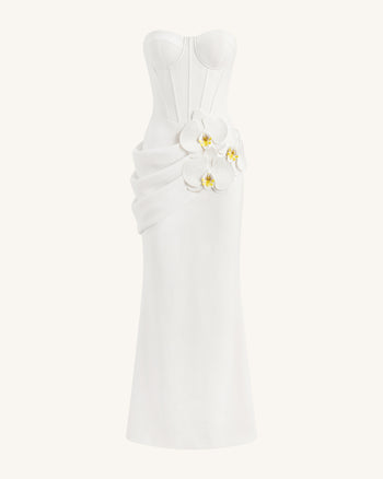 Abito lungo a corsetto decorato con orchidee - Bianco