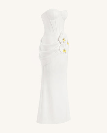 Abito lungo a corsetto decorato con orchidee - Bianco