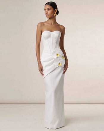 Abito lungo a corsetto decorato con orchidee - Bianco