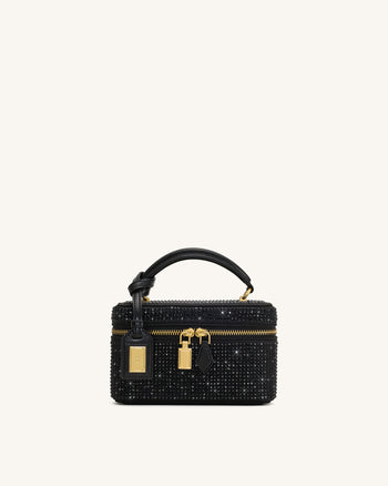Cleo Borsa con Manico Superiore a Forma di Scatola in Cristallo Artificiale - Nero