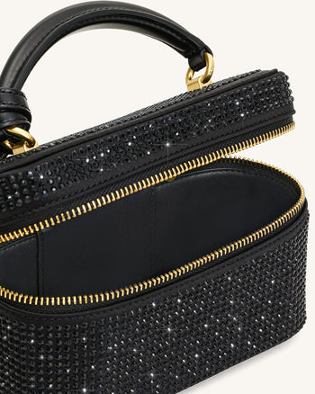 Cleo Borsa con Manico Superiore a Forma di Scatola in Cristallo Artificiale - Nero