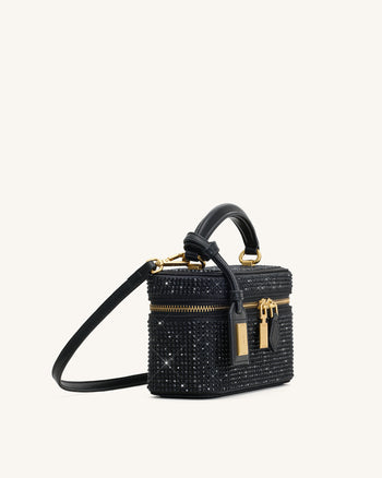 Cleo Borsa con Manico Superiore a Forma di Scatola in Cristallo Artificiale - Nero