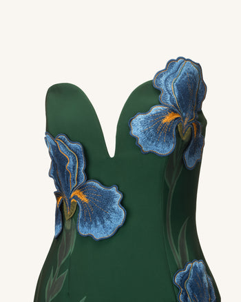 Abito lungo senza spalline con scollo a intaglio ricamato Iris - Verde smeraldo
