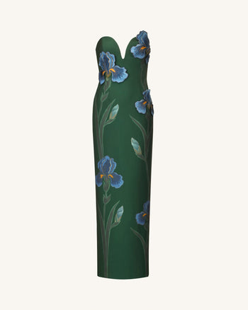 Abito lungo senza spalline con scollo a intaglio ricamato Iris - Verde smeraldo