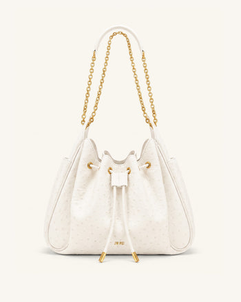 Rowan Borsa a secchiello arricciata effetto struzzo con catena e coulisse - Bianco crema