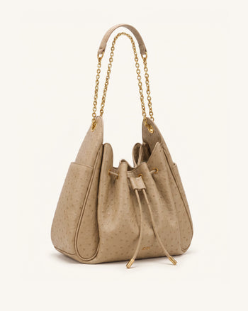 Rowan Borsa a secchiello arricciata effetto struzzo con catena e coulisse - Marrone quercia