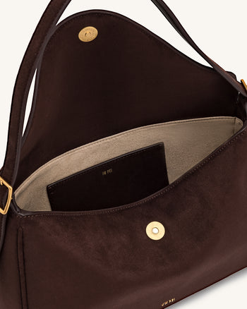Elowen Borsa a spalla con patta in ecopelle scamosciata - Marrone scuro