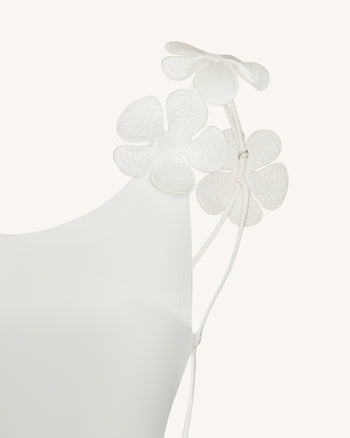 Abito in raso con applicazioni floreali 3D - Bianco