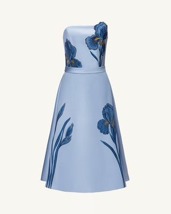 Abito midi a trapezio senza spalline ricamato Iris - Blu polvere