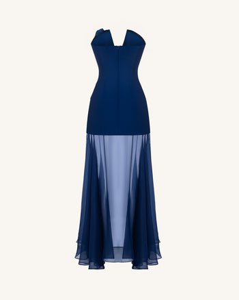 Iris Abito lungo ricamato con scollo profondo e sovrapposizione trasparente - Blu navy