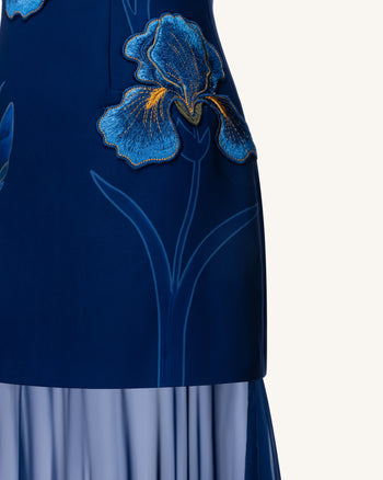 Iris Abito lungo ricamato con scollo profondo e sovrapposizione trasparente - Blu navy