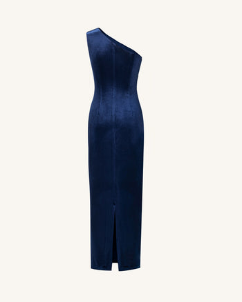 Iris Abito lungo ricamato in velluto monospalla - Blu navy