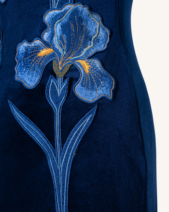 Iris Abito lungo ricamato in velluto monospalla - Blu navy
