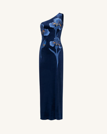 Iris Abito lungo ricamato in velluto monospalla - Blu navy