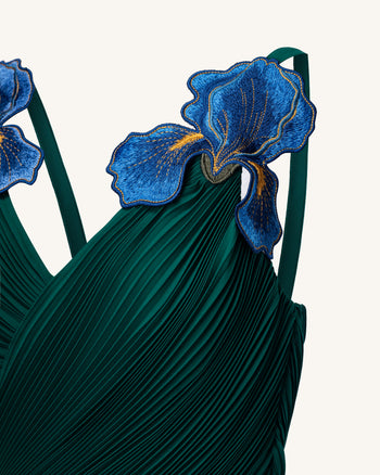 Iris Abito lungo ricamato a pieghe con scollo a V - Verde smeraldo